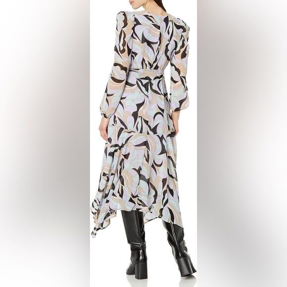 NWT Calvin Klein Women's Faux Wrap Puff Sleeve Midi Dress in Black Opal Print - Picture 4 of 9